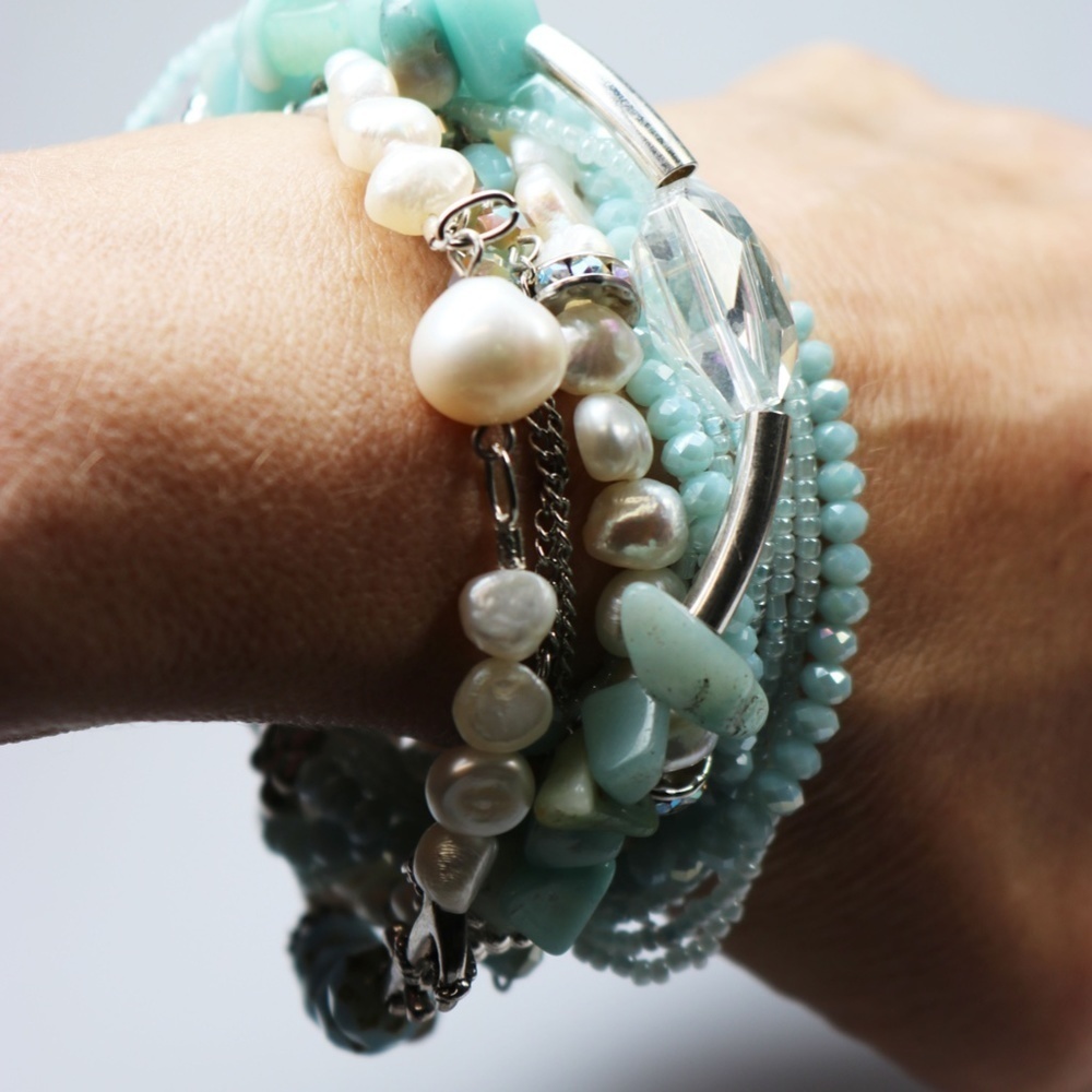 Amazonite Pearl and Crystal Handcrafted Bracelet - Picture 2 of 8